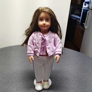 Our Generation Doll 18 inch Brown Hair Blue Eyes Star Jacket Outfit Sparkle Shoe